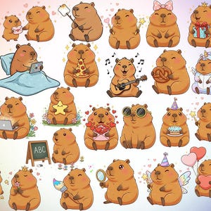 May include: A collection of cartoon capybaras in various poses and with different accessories. Some capybaras hold items like a pizza, guitar, and birthday cake. Others wear sunglasses, a unicorn costume, and a party hat. The illustrations have a soft, colorful style.