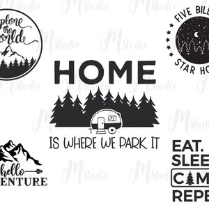 Puede incluir: Ilustraciones en blanco y negro de frases y dise&ntilde;os con tem&aacute;tica de camping. El texto incluye "Explorar el mundo", "El hogar es donde estacionamos", "Cinco mil millones de estrellas hotel", "Comer. Dormir. Acampar. Repetir." y "Hola aventura".
