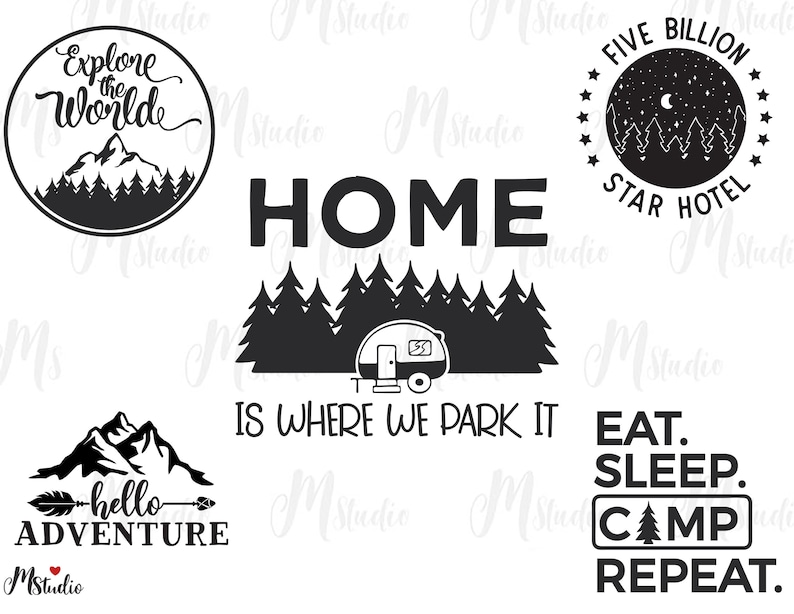 Puede incluir: Ilustraciones en blanco y negro de frases y dise&ntilde;os con tem&aacute;tica de camping. El texto incluye "Explorar el mundo", "El hogar es donde estacionamos", "Cinco mil millones de estrellas hotel", "Comer. Dormir. Acampar. Repetir." y "Hola aventura".