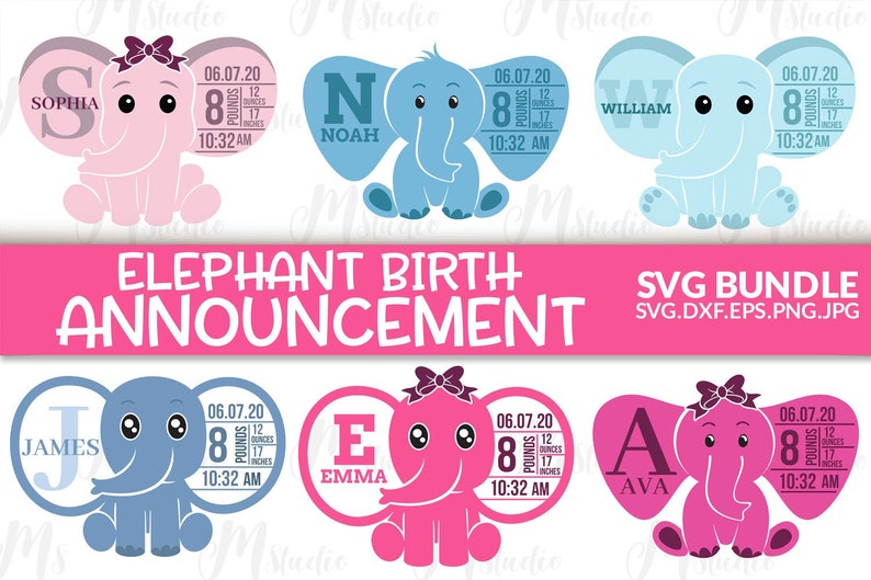 Download Elephant Birth Stats Baby Girl Boy svg Birth Announcement ...