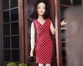 RED polka dots FEMININE DRESS for Phicen and Heidi Ott doll, miniatures, 112 scale, sewn, handmade