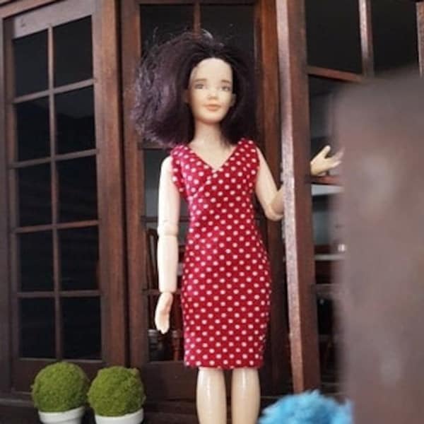 RED polka dots FEMININE DRESS for Phicen and Heidi Ott doll, miniatures, 112 scale, sewn, handmade