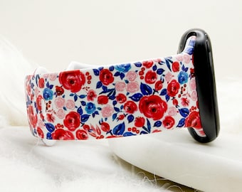 Red white blue Roses Watch Band compatible with Apple Watch Fitbit Samsung