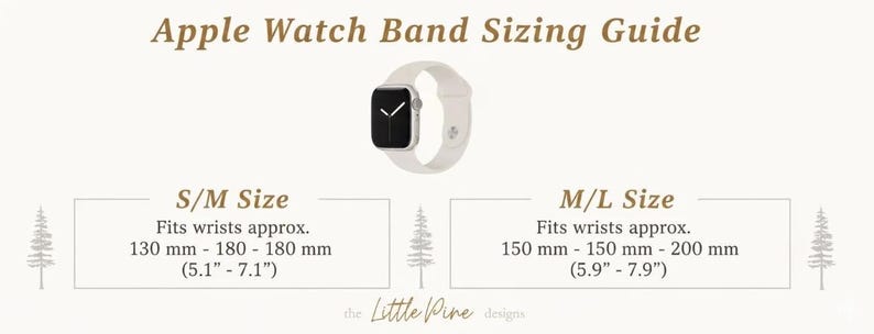 The image is a guide for Apple Watch band sizes, providing the recommended size for different watch models.