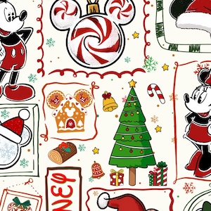 May include: A festive pattern featuring Mickey and Minnie Mouse in Christmas attire. The design includes a Christmas tree, gingerbread house, candy canes, and ornaments. The color palette is primarily red, white, and green, with a cream-colored background.