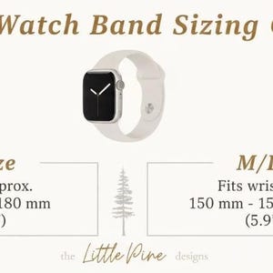 The image is a guide for Apple Watch band sizes, providing the recommended size for different watch models.