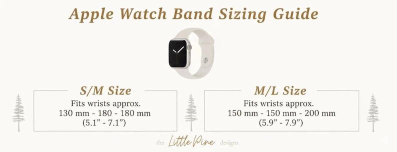 The image is a guide for Apple Watch band sizes, providing the recommended size for different watch models.