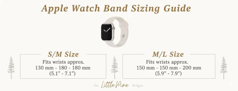 The image is a guide for Apple Watch band sizes, providing the recommended size for different watch models.