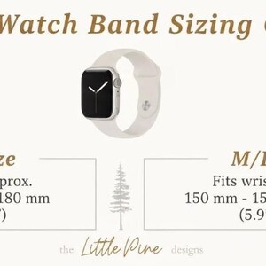 The image is a guide for Apple Watch band sizes, providing the recommended size for different watch models.