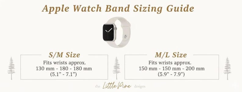 The image is a guide for Apple Watch band sizes, providing the recommended size for different watch models.