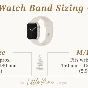 The image is a guide for Apple Watch band sizes, providing the recommended size for different watch models.