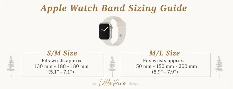 The image is a guide for Apple Watch band sizes, providing the recommended size for different watch models.