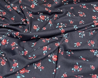 Tela DBP 4x2 de punto acanalado con miniflores, poliéster y elastano cepillados, estilo vintage con margaritas, monocromáticas, en negro y rojo, cortada a medida