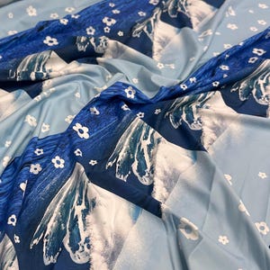 4-vägs stretchigt tryckt nylon-spandextyg, metervara, trikåbadkläder, bikini, sportkläder, stor lapptäcke, vågmönster, havsblå, mini