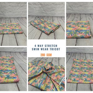 4 Way Stretch Print Spandex Fabric By The Yard Tricot Swim Wear Bikini Tropical  Pink Palm Tree Ocean Leaves 280 GSM