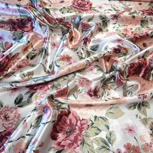 Casino Satin 4 Way Stretch Flowy Polyester Spandex Knit Fabric By The Yard Dresses, Skirts Cream Floral Print
