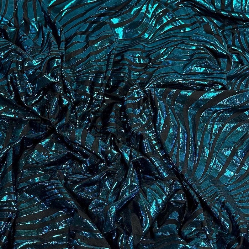 Foil Sequins Lurix Venezia 4 Way Flowy Polyester Spandex Knit Fabric By The Yard Dresses, Skirts, Swim Wear, Dance Wear Animal Zebra Print image 1