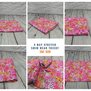 4 Way Stretch Print Nylon Spandex Fabric By The Yard Tricot Swim Wear Bikini Active Wear Rust Pink  Multi color Flower Foral Retro  260 GSM