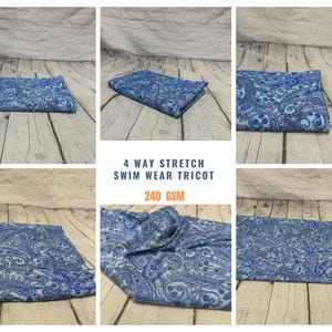 4 Way Stretch Print Nylon Spandex Fabric By The Yard Tricot Swim Wear Bikini Active Wear Blue Paisley 70s Retro Vintage 260 GSM