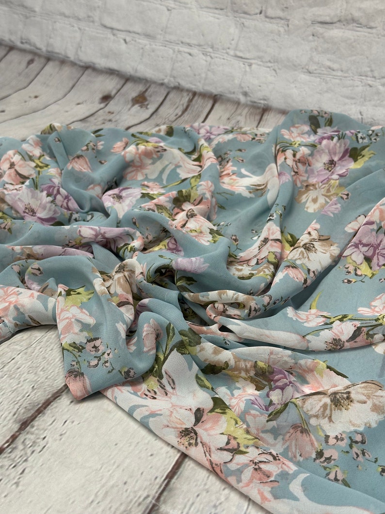 Polyester Chiffon Woven Print Fabric by the Yard Denim Blue Flower ...