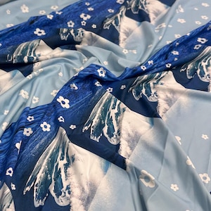 4 Way Stretch Print Nylon Spandex Fabric By The Yard Tricot Swim Wear Bikini Active Wear Big Patchwork Wave Ocean Mini Blue