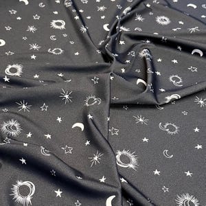 Tessuto in nylon e spandex stampato elasticizzato in 4 direzioni, tagliato su misura, abbigliamento da bagno Tricot, bikini, abbigliamento sportivo, stampa a mezzaluna, stelle e galassie, 280 GSM
