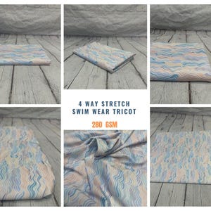 4 Way Stretch Print Spandex Fabric By The Yard Tricot Swim Wear Bikini Pastel Mini Multi Color Hazy Wave 280 GSM