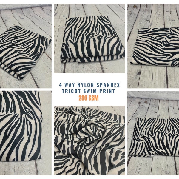 4 Way Stretch Print Nylon Spandex Fabric By The Yard Tricot Swim Wear Bikini Active Wear Black White  Zebra Animal  Print 280 GSM