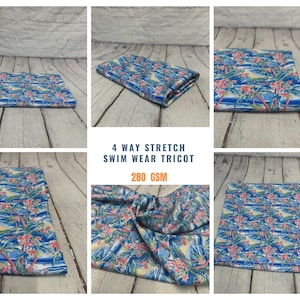 4 Way Stretch Print Spandex Fabric By The Yard Tricot Swim Wear Bikini Tropical  Blue Pink Palm Tree Ocean Leaves 280 GSM