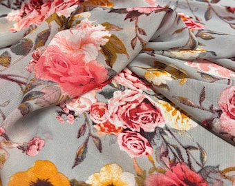 Polyester Chiffon Woven Print Fabric By The Yard Silver Flower Summer  Floral Print Summer Flowy Dress