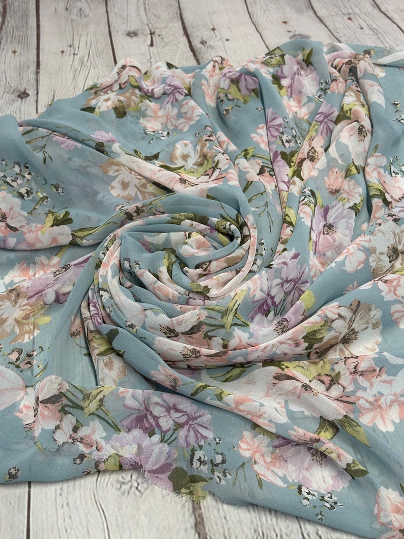 Polyester Chiffon Woven Print Fabric by the Yard Denim Blue Flower ...