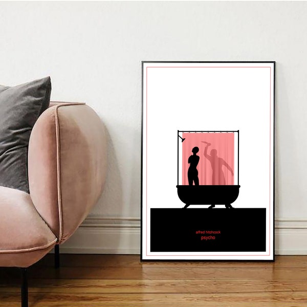 Alfred Hitchcock Poster, Psycho Movie Print, Minimal Movie Poster, Living Room Wall Art, Alfred Hitchcock Collection, Modern Home Decor