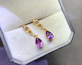 Teardrop Amethyst Ohrringe, natürliche lila Amethyst Ohrringe, Kleine Tropfen Ohrringe, Gold Edelstein Ohrringe, Februar Geburtsstein