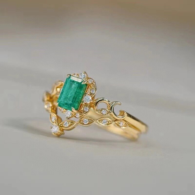 Vintage Green Emerald Engagement Ring Set, Emerald Cut Emerald Bridal ...
