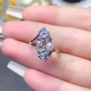 Grappe de topazes, bague topaze bleue naturelle, bague de fiançailles en grappe, alliance de plusieurs pierres, bague de promesse en grappe de pierres précieuses, cadeaux