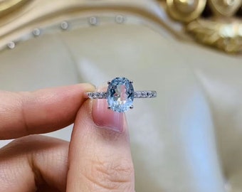 Oval Aquamarine Engagement Ring, Classic Aquamarine Promise Ring, Aquamarine Diamond Ring, Delicate Engagement Ring for Women, Gifts for Her