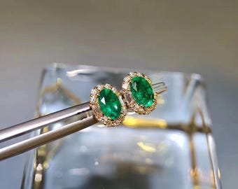 Halo Oval Emerald Stud Earrings, Green Columbia Emerald Earrings, Classic Halo Bridal Earrings, May Birthstone Earrings, Christmas Gifts