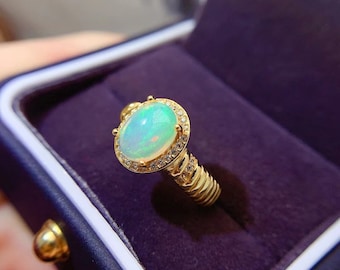 Vintage Oval Opal Engagement Ring, Natural Fire Opal Wedding Ring, Art Deco Yellow Gold Opal Ring, October Birthstone Anniversary Gifts