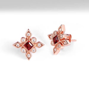 Vintage Style Garnet Stud Earrings, Natural Red Garnet Stud Earrings, Rose Gold Garnet Earrings, January Birthstone Earrings, Bridal Earring