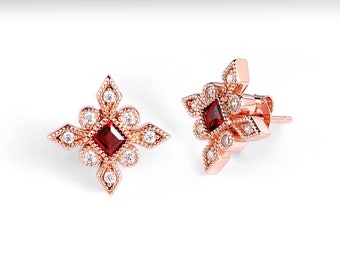 Vintage Style Garnet Stud Earrings, Natural Red Garnet Stud Earrings, Rose Gold Garnet Earrings, January Birthstone Earrings, Bridal Earring