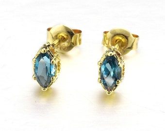 Vintage Topaz Stud Earrings, London Blue Topaz Earrings, Minimalist Gemstone Earrings, Marquise Topaz Studs, December Birthstone, Gifts