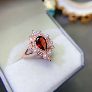Natural Red Garnet Ring, Vintage Garnet Promise Ring, Teardrop Garnet Engagement Ring, Pear Red Garnet Wedding Ring, Red Engagement Ring