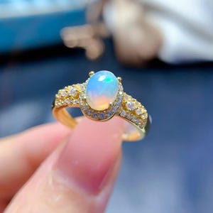 Natural Opal Engagement Ring Yellow Gold, Oval Cut Opal Promise Ring, Vintage Opal Ring, October Birthstone, Anniversary Birthday Gifts