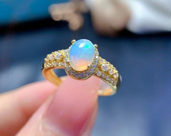 Natural Opal Engagement Ring Yellow Gold, Oval Cut Opal Promise Ring, Vintage Opal Ring, October Birthstone, Anniversary Birthday Gifts