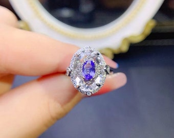 Oval Tanzanite Engagement Ring, Purple Tanzanite Crystal Ring, Unique Proposal Ring for Women, Big Gemstone Ring, Engagement Gifts for Her