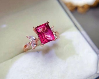 Natural Pink Topaz Ring, Emerald Cut Pink Topaz Engagement Ring