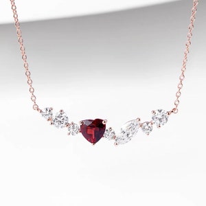 Heart Garnet Diamond Necklace, Natural Red Garnet Pendant Necklace, Rose Gold Heart Necklace, Red Gemstone Heart Necklace, Valentines Gifts