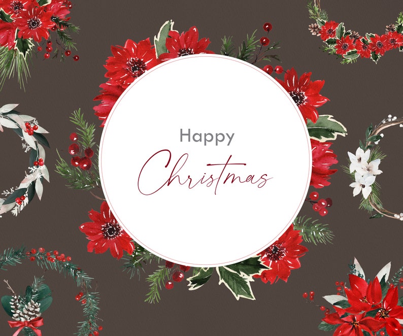 K&ouml;nnte beinhalten: Eine Aquarell-Illustration eines Weihnachtskranzes mit roten Weihnachtssternen, gr&uuml;nen Bl&auml;ttern und roten Beeren. Der Kranz umgibt einen wei&szlig;en Kreis mit dem Text "Frohe Weihnachten" in roter Kursivschrift.