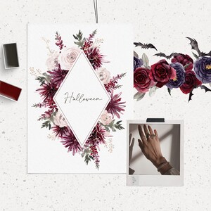 May include: A watercolor illustration of a floral wreath with burgundy and pink flowers, leaves, and berries. The wreath is in a diamond shape with the word "Halloween" written in the center. There are also bats and flowers in the background.