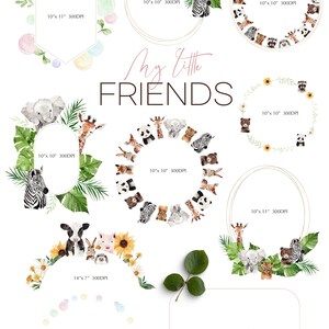 May include: A collection of watercolour animal illustrations, such as giraffes, elephants, and zebras, arranged in circular and rectangular frames. The text "My Little Friends" is present. The frames are labelled with dimensions, e.g., 25.4cm x 25.4cm.